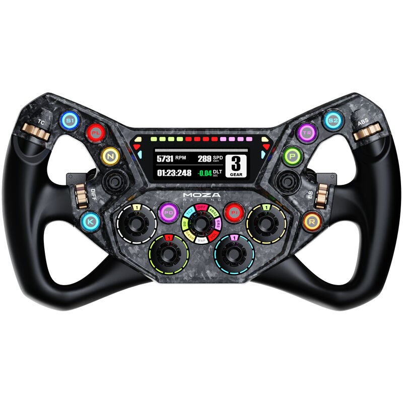 The Volante MOZA Racing KS Pro features a carbon fiber design with a black finish, colorful buttons, a digital display, and ergonomic grips for enhanced racing performance.
