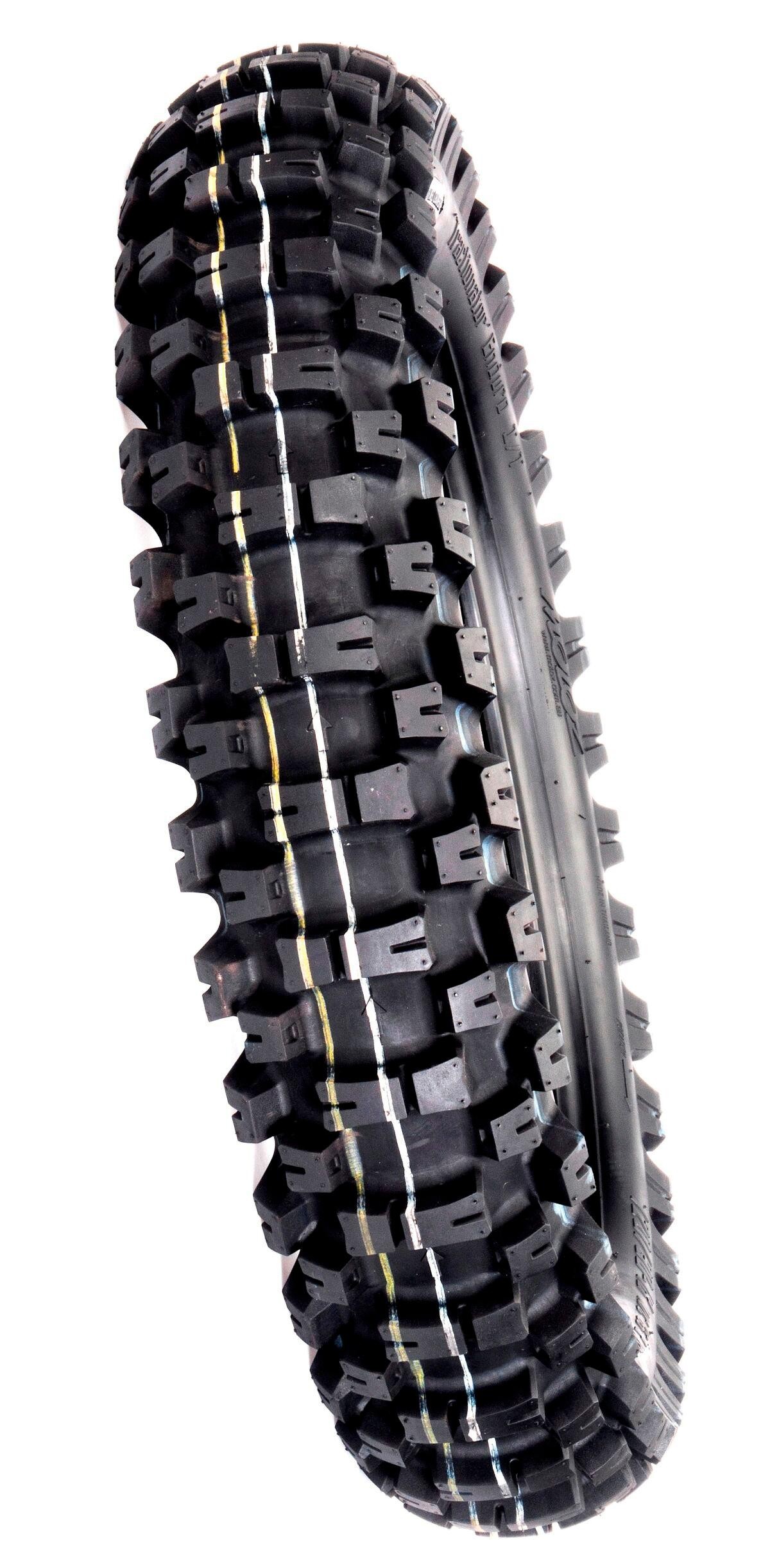 Black MotoZ Tractionator Enduro I/T rear tyre with a rugged tread pattern, featuring deep grooves and reinforced sidewalls, size 140/80-18, designed for off-road traction.
