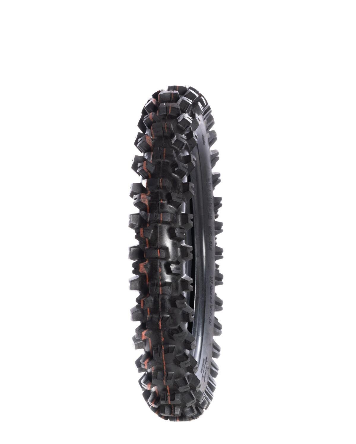 Black MotoZ Terrapactor S/T rear tyre with a rugged tread pattern, measuring 80/100-12, featuring orange accents along the sidewall for enhanced visibility.