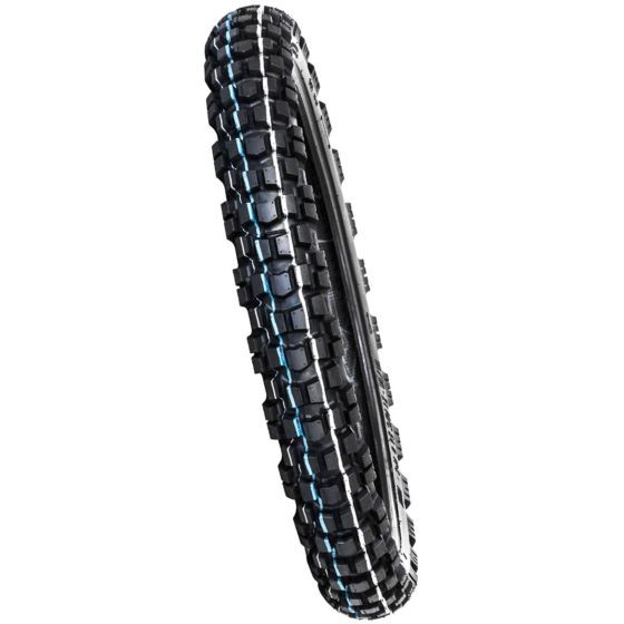 Black motorcycle front tyre with a rugged tread pattern, featuring blue accents along the sidewall, designed for off-road traction, size 110/80B19, model MR070 by MotoZ.