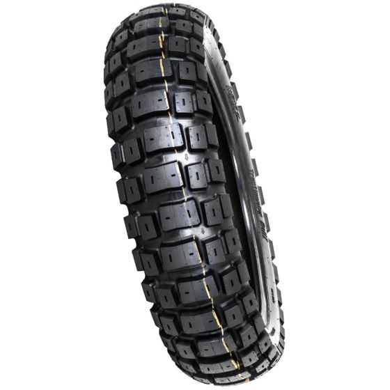 Black MotoZ Tractionator RALLZ rear tyre with a rugged tread pattern, featuring square knobs for enhanced grip, size 120/90-18, designed for off-road performance.