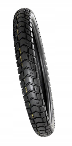 Black MotoZ Tractionator GPS front tyre with a 90/90-21 size, featuring a rugged tread pattern and yellow accents for enhanced grip and durability.