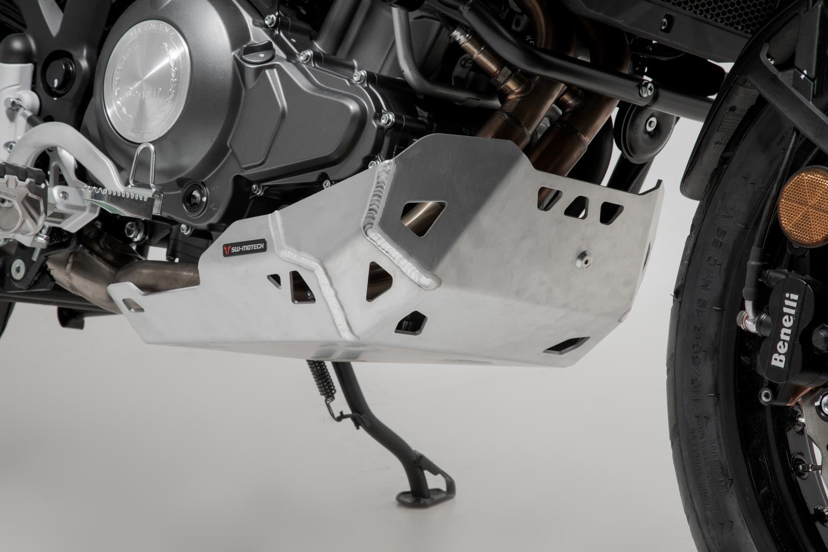 Silver SW-Motech engine guard for Benelli TRK 502 X (2018 and newer), featuring a durable metal construction with cutouts for ventilation and a sleek design.