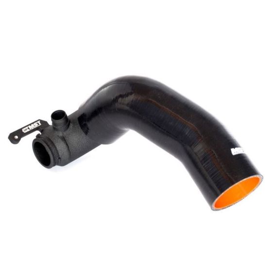 Black silicone intake hose with an oversize turbo inlet elbow, featuring a smooth finish and an orange interior, designed for enhanced airflow and durability.