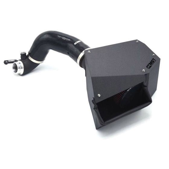 MST Performance Induction Kit featuring a black rubber hose, a sleek black metal airbox, and a turbo inlet elbow, designed for enhanced airflow and engine performance.