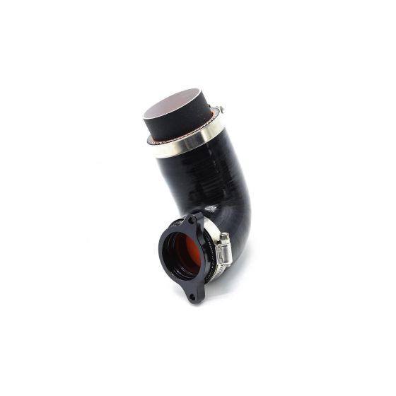 Black turbo intake pipe made of high-quality material, featuring a curved design, a silver clamp, and a textured black filter at the top.