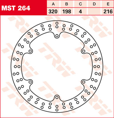 Perforated brake disc with a circular design, featuring multiple holes around the edge, labeled "TRW MST264" in a red and white graphic layout.