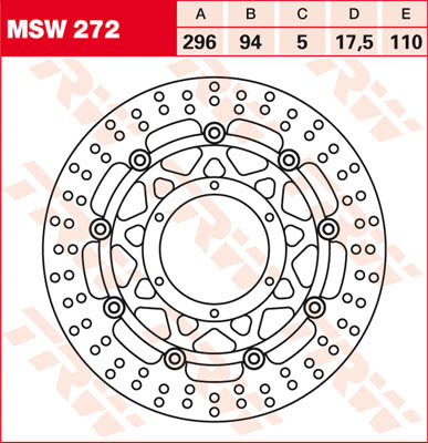 TRW MSW272 floating brake disc featuring a circular design with multiple drilled holes, a metallic finish, and labeled dimensions for performance specifications.