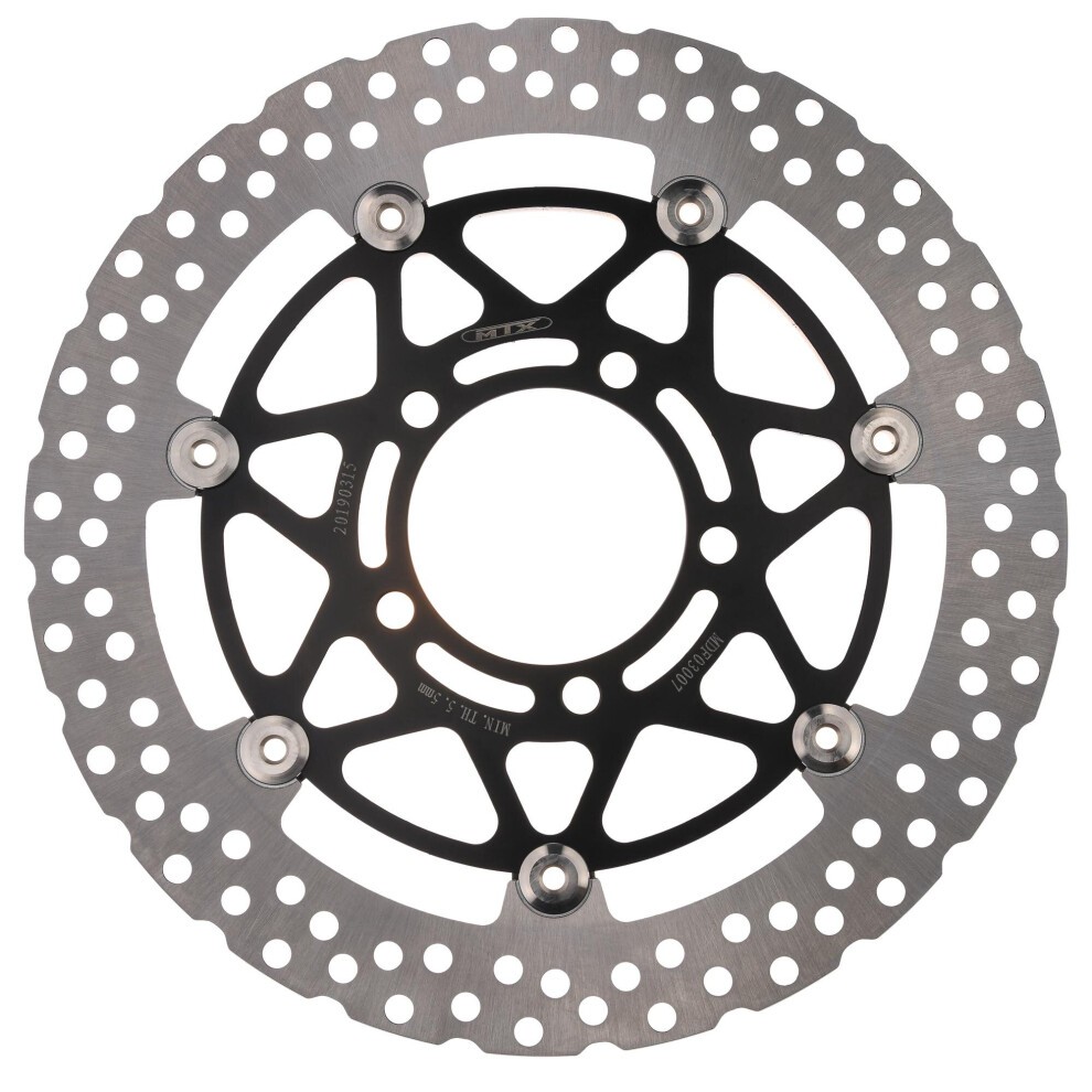 Front floating wavy brake disc for Kawasaki ZX-6R, featuring a silver stainless steel surface with black anodized aluminum accents and multiple drilled holes for improved performance.