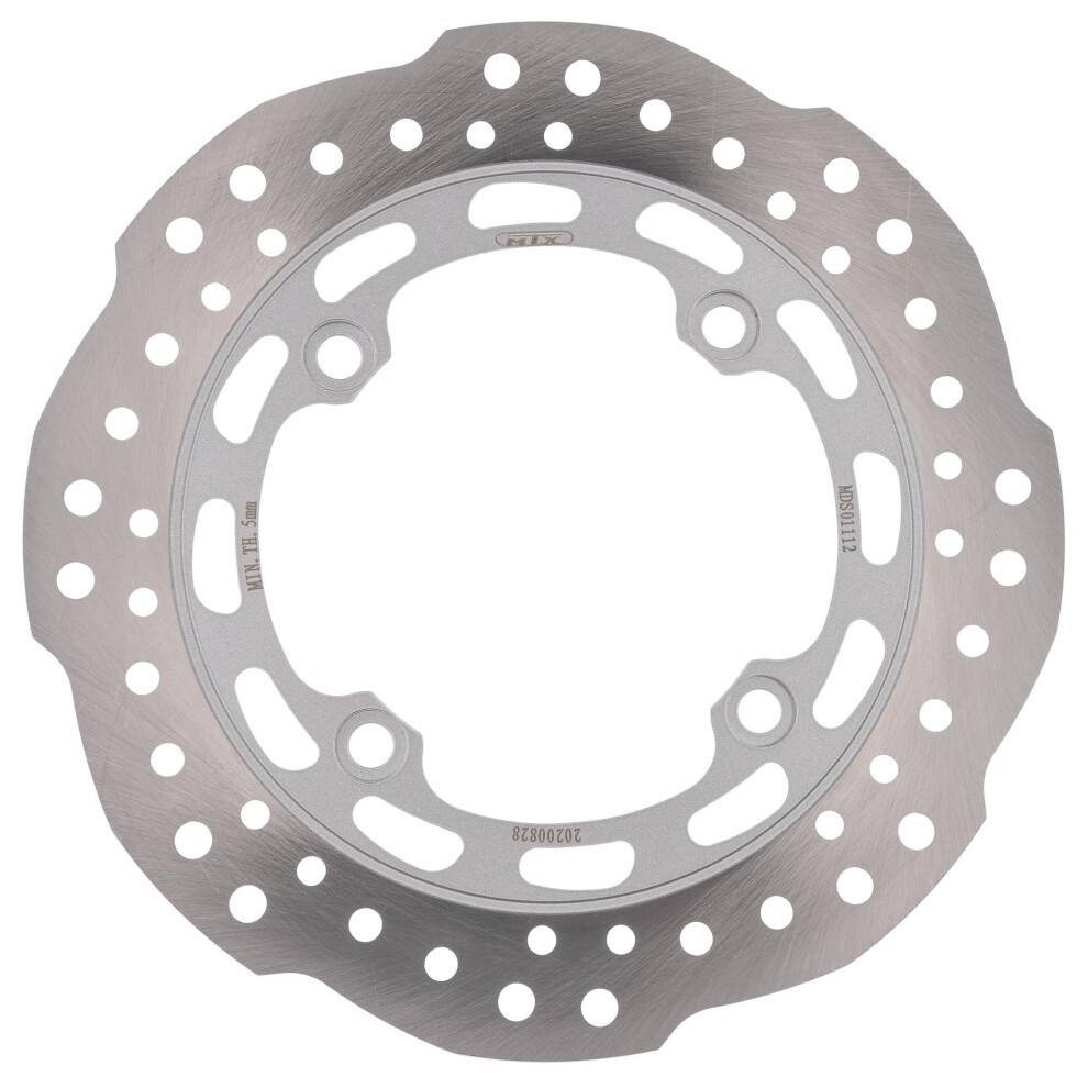 Silver solid wavy brake disc with multiple drilled holes, designed for the Honda CRF1000L Africa Twin (2016-2020), featuring a smooth, durable metal surface.