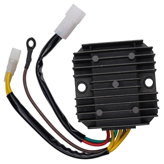 Black aluminum regulator rectifier with multiple wire connectors in yellow, green, and brown, designed for Aprilia models, featuring a ribbed surface for heat dissipation.
