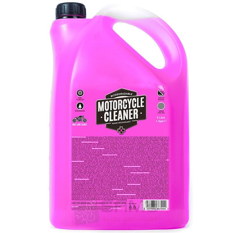 Bright pink plastic container with a black handle and cap, labeled "MOTORCYCLE CLEANER," featuring a 5-liter capacity and biodegradable symbols on the front.