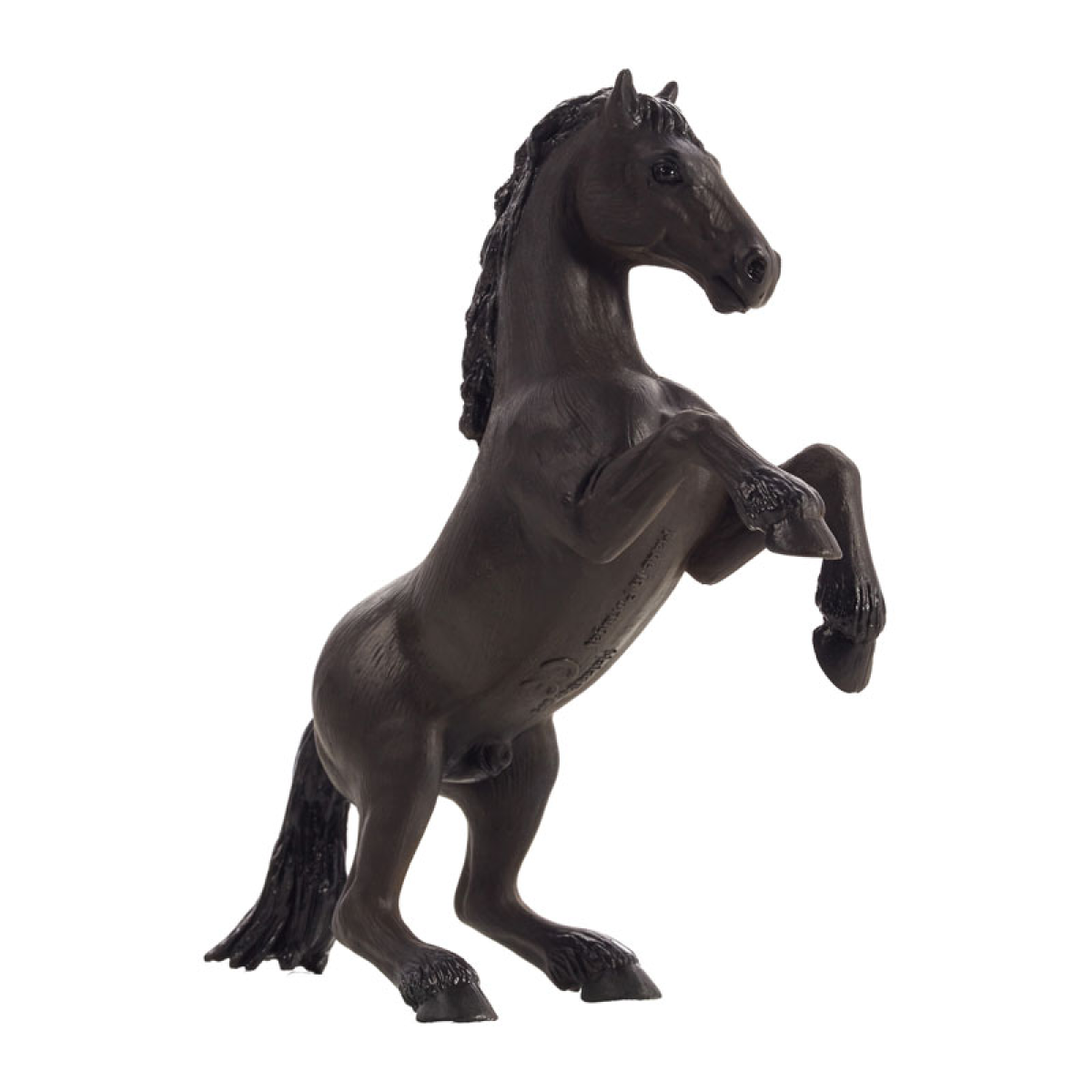 Hand-painted black Mustang horse figure rearing on hind legs, featuring realistic details and textures, part of the Horses World Collection by MojoFun, designed in the UK.