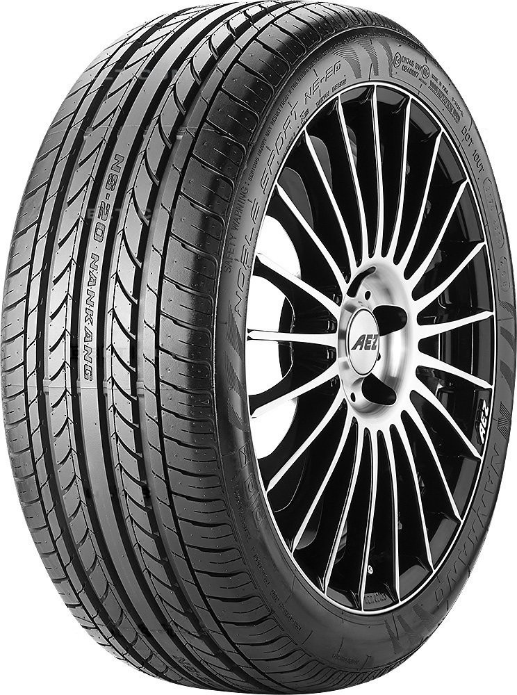 Nankang Noble Sport NS-20 summer tyre with a sleek black rubber design, featuring a tread pattern for enhanced grip, mounted on a stylish alloy wheel.