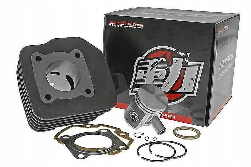 Naraku Cylinder Kit for Peugeot Buxy 50, featuring a black cylinder, aluminum piston, gaskets, and rings, presented in a branded box with a bold logo.