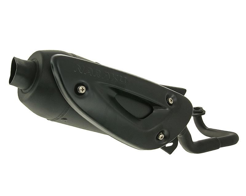 Black Naraku Traffic Full Exhaust System for Peugeot CityStar 50 AC (2014-2020), featuring a sleek design, metal construction, and visible mounting points for easy installation.