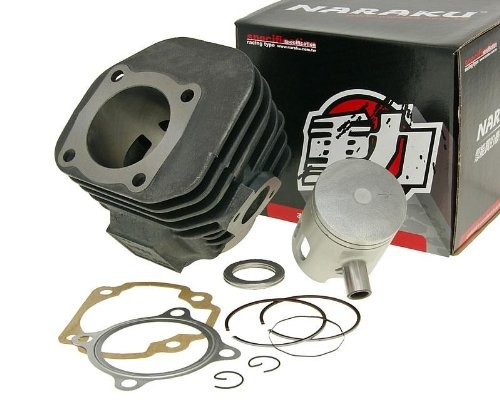 Naraku 100cc cylinder kit for MBK YN 100, featuring a black aluminum cylinder, silver piston, gaskets, and rings, packaged in a branded box with a red and black design.