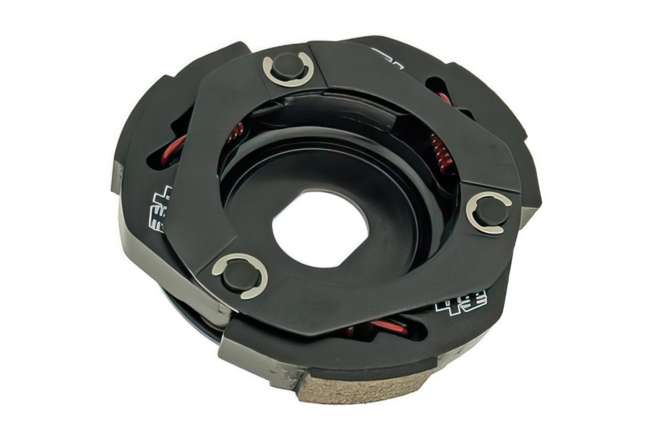 Black Naraku Sport-o Racing Clutch featuring a circular design with metallic components, visible springs, and a central opening, designed for Kymco Agility 125 (2009-2010).