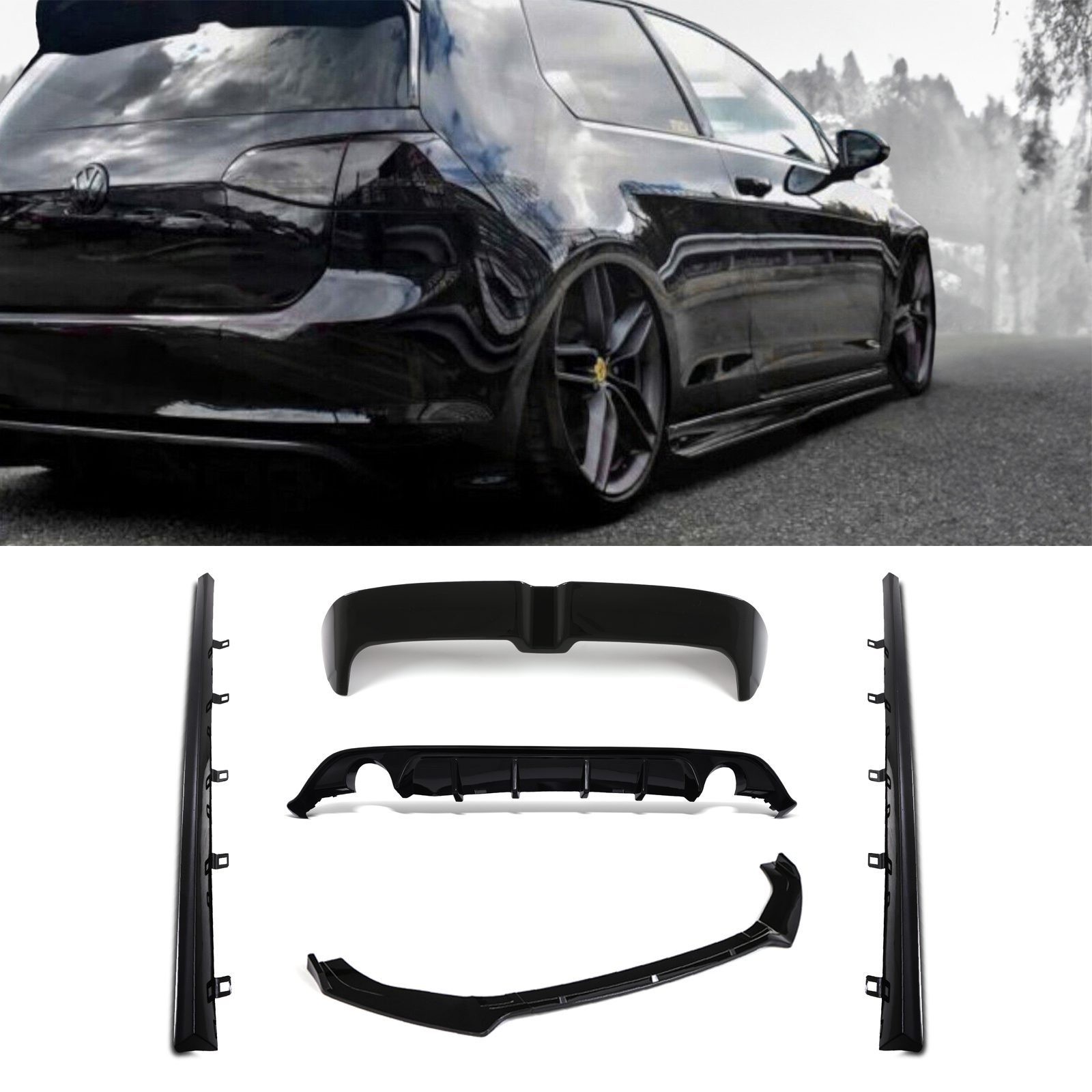 Gloss black Oettinger Style Aero Body Kit for VW Golf MK7.5 GTI (2016-2020), featuring sleek aerodynamic components including side skirts, front lip, and rear diffuser.
