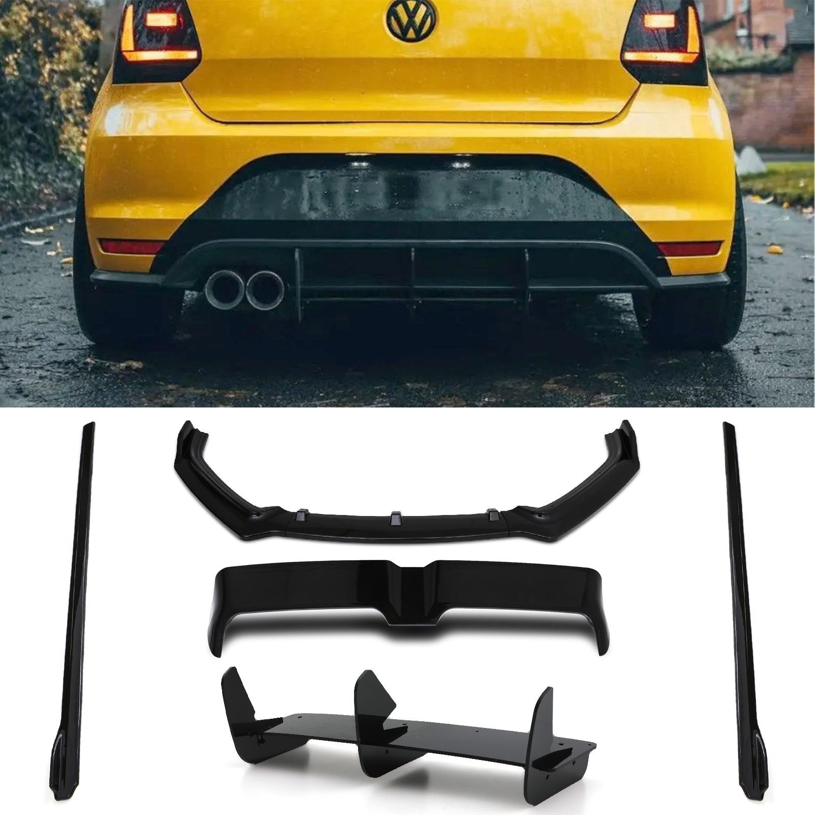 Oettinger Style Aero Body Kit for VW Polo MK5 6C GTI Facelift, featuring a glossy black rear diffuser, side skirts, and a sporty design, enhancing the yellow car's aerodynamics.