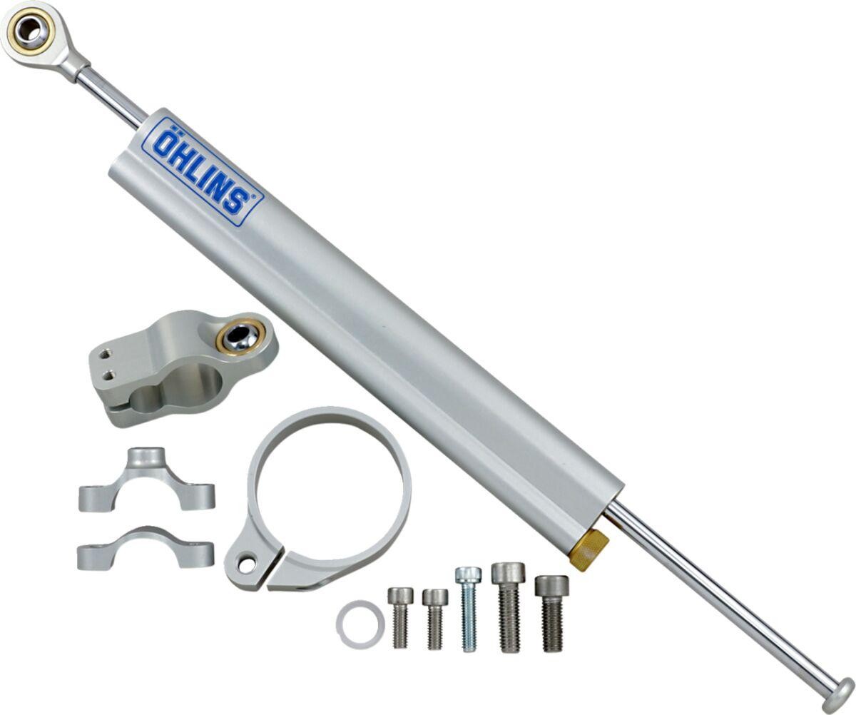 Ohlins SD 154 steering damper in chrome finish for Ducati Monster 1000 I.E. (2003-2005), includes mounting hardware and brackets.