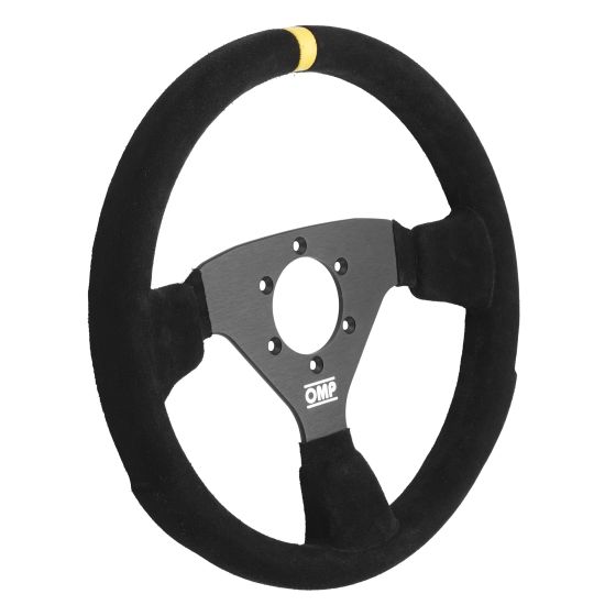 Black suede steering wheel with a yellow stripe at the top, featuring a three-spoke design and a silver metal hub with the OMP logo.