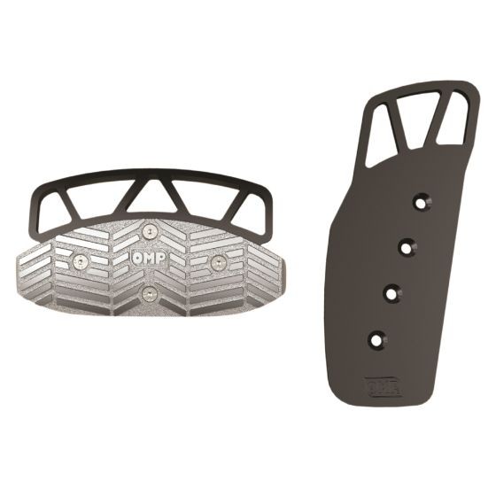 Aluminium pedal extensions for automatic vehicles, featuring a textured silver surface with a chevron pattern and a sleek black design with three adjustment holes.