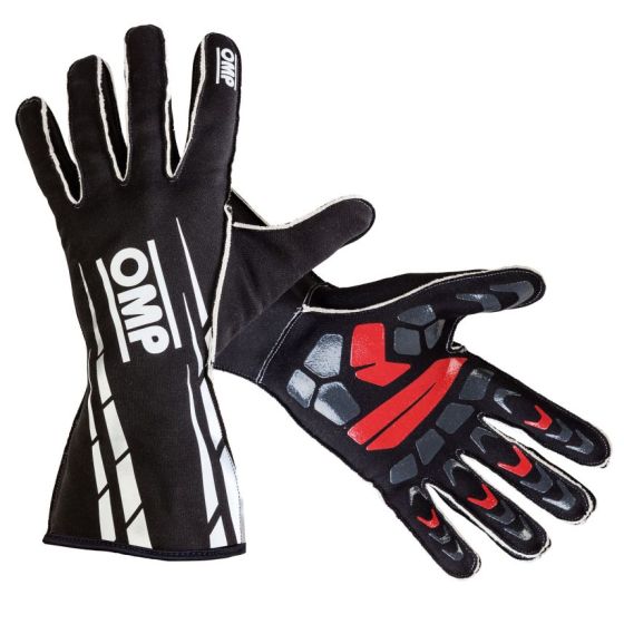 Black kart gloves featuring white and red accents, made from rainproof material, with a textured grip on the palms and a long cuff for added protection.