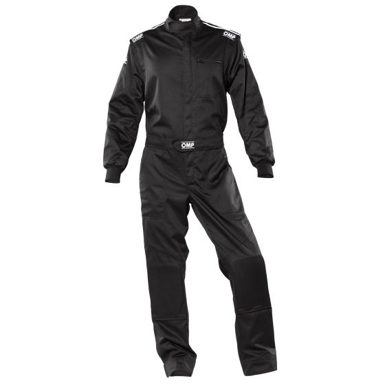 Black mechanics overalls by OMP, size 52, featuring a zip front, long sleeves, and reinforced knee panels, designed for durability and comfort in automotive environments.