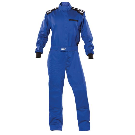 Blue OMP Blast Evo mechanics overalls in size 50, featuring a zippered chest pocket, black shoulder stripes, and elastic cuffs for a secure fit.