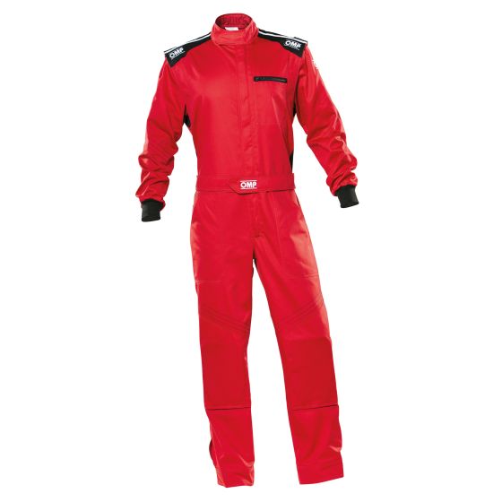 Red OMP Blast Evo Mechanics Overalls in size 46, featuring a zip front, black shoulder stripes, and elastic cuffs for a secure fit, made from durable material.