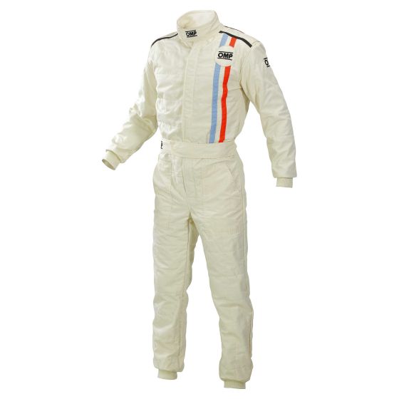 Classic white racing suit featuring blue and red stripes, made from lightweight material, with a zippered front and OMP branding on the chest and shoulders.