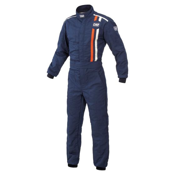 Navy blue OMP Classic Race Suit in size 58, featuring orange and white stripes, a zip front, and ribbed cuffs for a snug fit, made from lightweight, fire-resistant material.