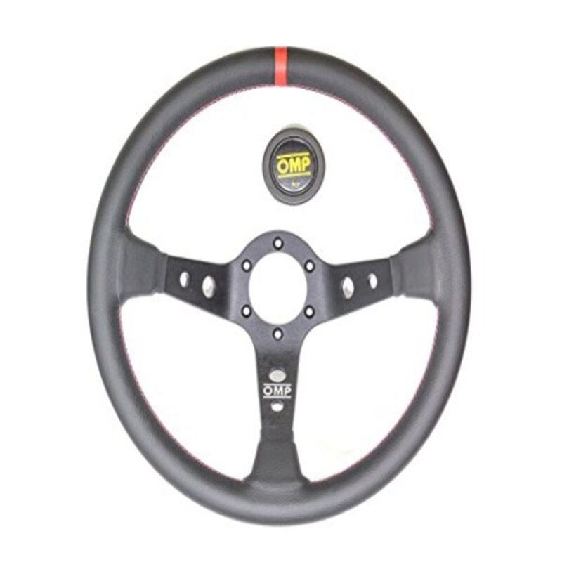 OMP Corsica steering wheel featuring a 350mm diameter, black spokes, black leather trim with red stitching, and a central OMP logo.