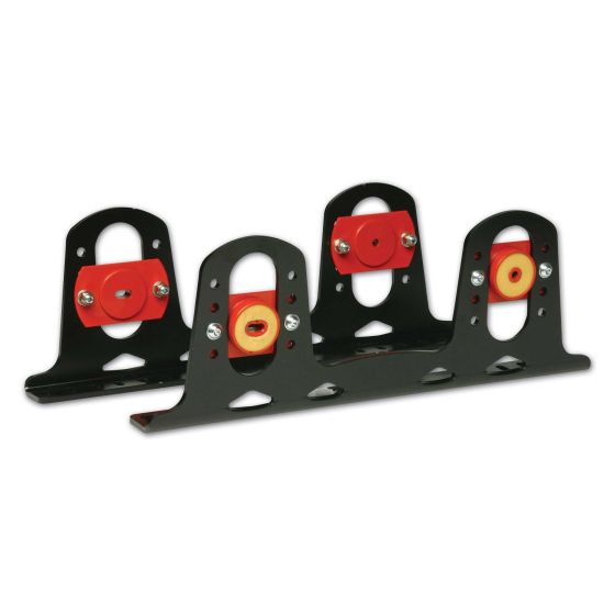 Black alloy side mounts with red dampers and yellow bushings, featuring multiple holes for adjustable fitting and a sturdy base for secure installation.