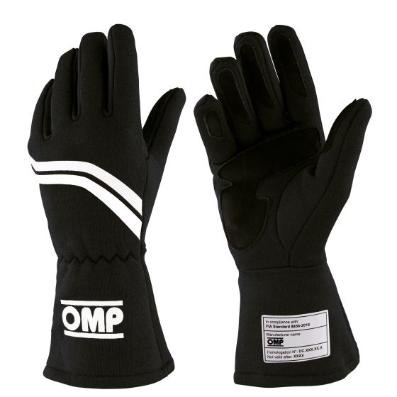 Black OMP Dijon Race Gloves in size XL, featuring a sleek design with white stripes, reinforced grip, and a comfortable fit for racing enthusiasts.