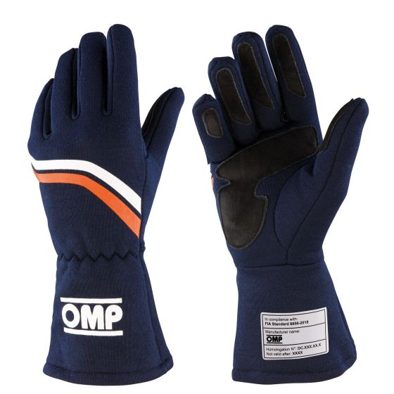 Navy blue OMP Dijon race gloves in size L, featuring a white and orange stripe, reinforced palms, and a snug fit for enhanced grip and protection.