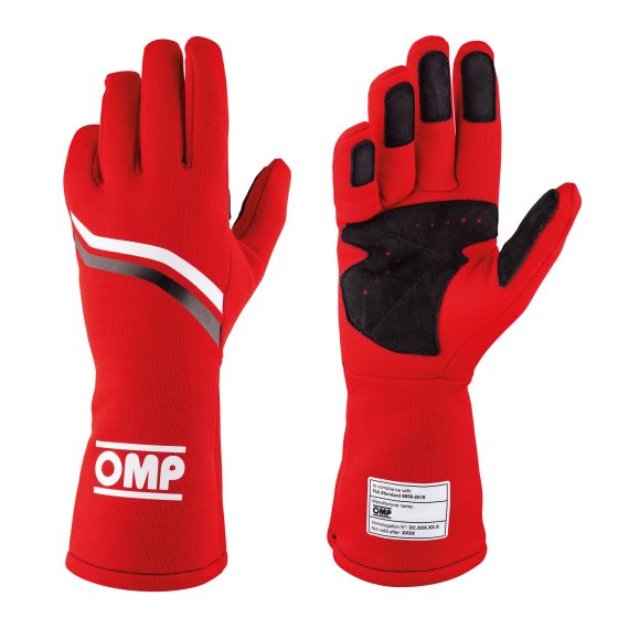 Red OMP Dijon Race Gloves in size M, featuring a sleek design with black grip pads on the palms and fingers, and a white stripe detail for enhanced visibility.