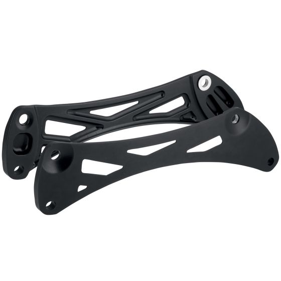 Black aluminium side mounts with a sleek design featuring cut-out patterns, designed for the OMP FIA Approved HRC ONE Lite Seat.