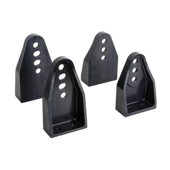 FIA approved aluminium side mounts in black, featuring multiple holes for adjustable seating, designed for HTE ONE 2 seat, showcasing a sturdy and lightweight construction.