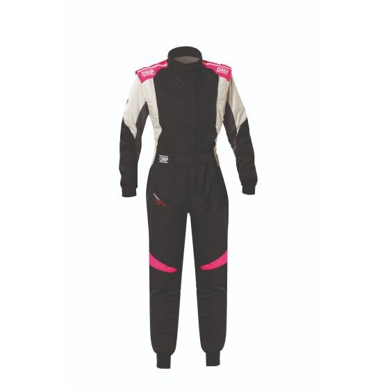 Black and fuchsia racing suit with a zip front, padded shoulders, and contrasting panels, featuring OMP branding on the chest and sleeves, designed for motorsport use, size 50.