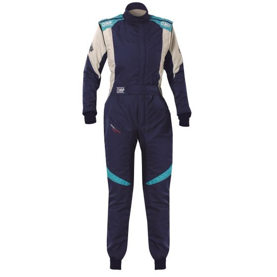 Navy blue and light blue OMP First Elle Race Suit, size 44, featuring a zip front, high collar, and contrasting shoulder and side panels for a sleek design.