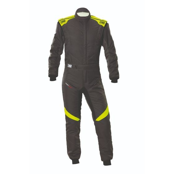 Anthracite race suit with fluro yellow accents, featuring a zip front, padded shoulders, and elastic cuffs, designed for optimal performance, size 48.