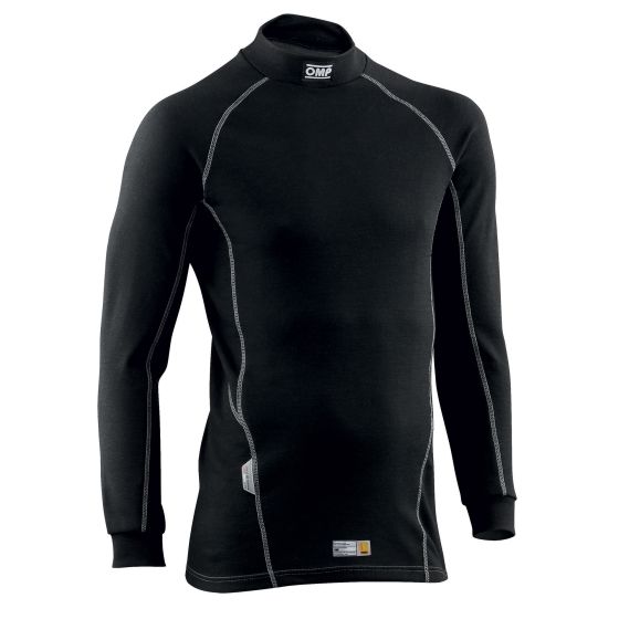 Black long sleeve top by OMP in size XL, featuring a high neck, contrasting stitching, and a snug fit, made from a breathable material ideal for racing.