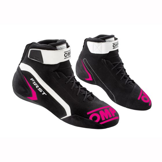 Black and fuchsia racing boots with a high-top design, featuring a white OMP logo, reinforced toe, and lace-up front for secure fit, size UK 11 / Eur 46.