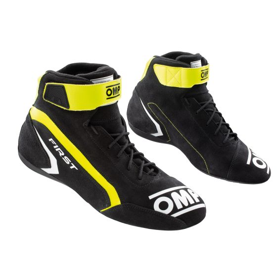 Anthracite racing boots with fluro yellow accents, featuring a high-top design, lace-up front, and reinforced ankle support, size UK 11 / EUR 46, by OMP.