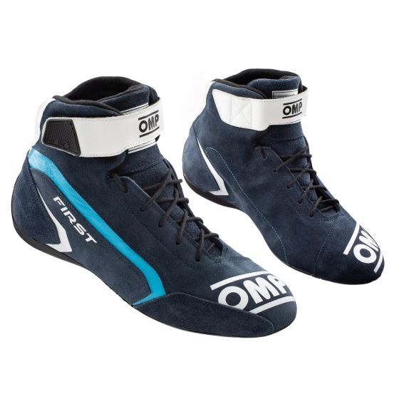 Navy blue and cyan racing boots with a suede finish, featuring a white OMP logo, adjustable strap, and a sleek design, sized UK 9.5 / EUR 44.