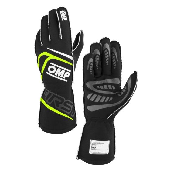 Black and fluro yellow OMP First Race Gloves in size L, featuring a textured grip, reinforced stitching, and a snug fit for racing performance.