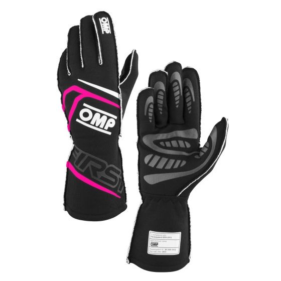Black and fuchsia OMP First Race Gloves in size XS, featuring a sleek design, reinforced grip, and padded palms for enhanced protection and comfort.