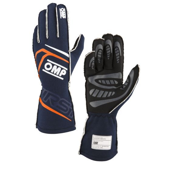 Navy blue and orange OMP First Race Gloves in size XL, featuring a textured black palm for grip and reinforced stitching for durability.